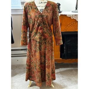 Vtg 80's Orange-Brown, Multi Color Geometric Print 2 Pc Top n Skirt Set Size 14